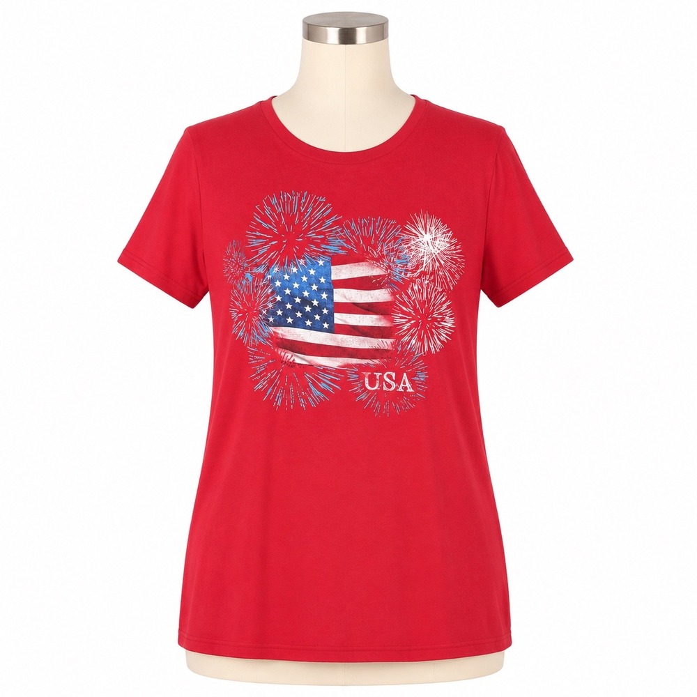 American Flag  Gildan T-Shirt Large Red USA Fireworks Patriotic Short Sleeve‎